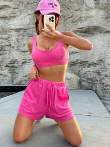 SHEIN EZwear 2 Piezas/set Juego De Tela De Toallas De Color Sólido - Rosa Fucsia - Ver 1
