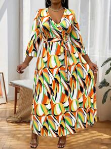 Calvaya Plus Allover Print Belted Dress - Multicolor - View 4