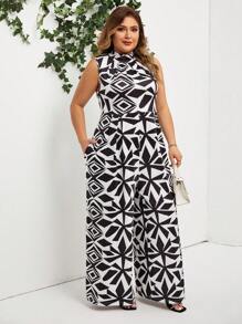 SHEIN Lady Bộ đồ liền thân không tay họa tiết bất đối xứng có túi dành cho phụ nữ ngoại cỡ - Đen và trắng - Xem 5