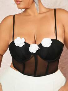 SHEIN BAE Plus Size Color Block 3d Flower Rosette Contrast Mesh Corset Camisole - Black and White - View 6