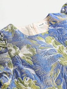 Tween Girl Cute Round Neck Puff Sleeve Short Sleeve Jacquard Dress - Blue - View 3