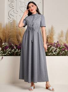 Seusyu 女士植物印花立領荷邊樣式短袖阿拉伯風格連衣裙 - 深灰色 - 查看 8