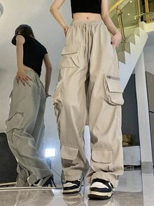 Flap Pocket Drawstring Waist Cargo Trousers - Grey - View 4