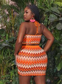 Slaydiva Women's Plus Size 2pcs/Set Vacation Casual Striped Halter Neck Crop Top And Skirt With Wave Pattern