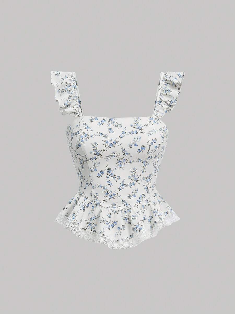 SHEIN MOD Women's Ditsy Floral Lace & Ruffle Trim Camisole Top - Blue and White - View 1