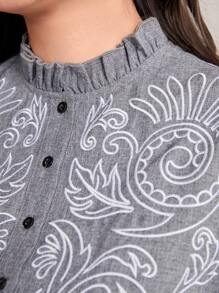 Seusyu 女士植物印花立領荷邊樣式短袖阿拉伯風格連衣裙 - 深灰色 - 查看 6