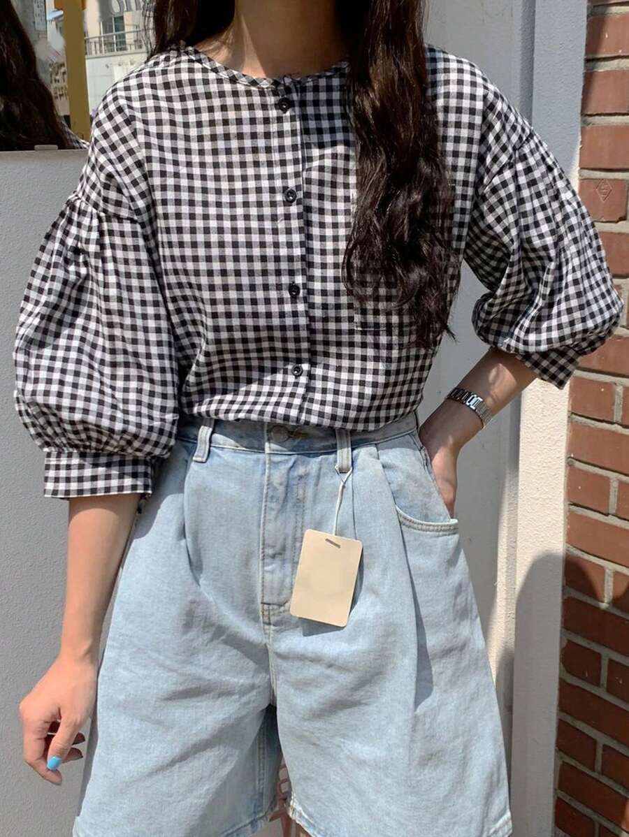 DAZY 女士宽松格纹圆领灯笼袖衬衫夏季 - 黑與白 - 查看 1