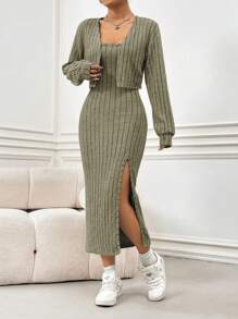 SHEIN Unity Ladies' Fleece Ribbed Sweater & Casual Simple Overall Dress 2pcs/Set Fall Cloth For Women - Army Green - View 4