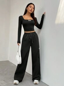 SHEIN EZwear Slim-fit T-shirt met patchwork, vierkante kraag en cargobroek