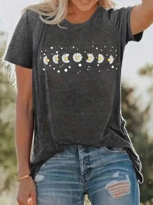 SHEIN EZwear Daisy Print Short Sleeve T-Shirt - Dark Grey - View 1