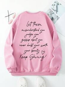 SHEIN EZwear Kích thước lớn Vòng cổ Lông cừu Áo nỉ Với In Khẩu hiệu - Hồng - Xem 2