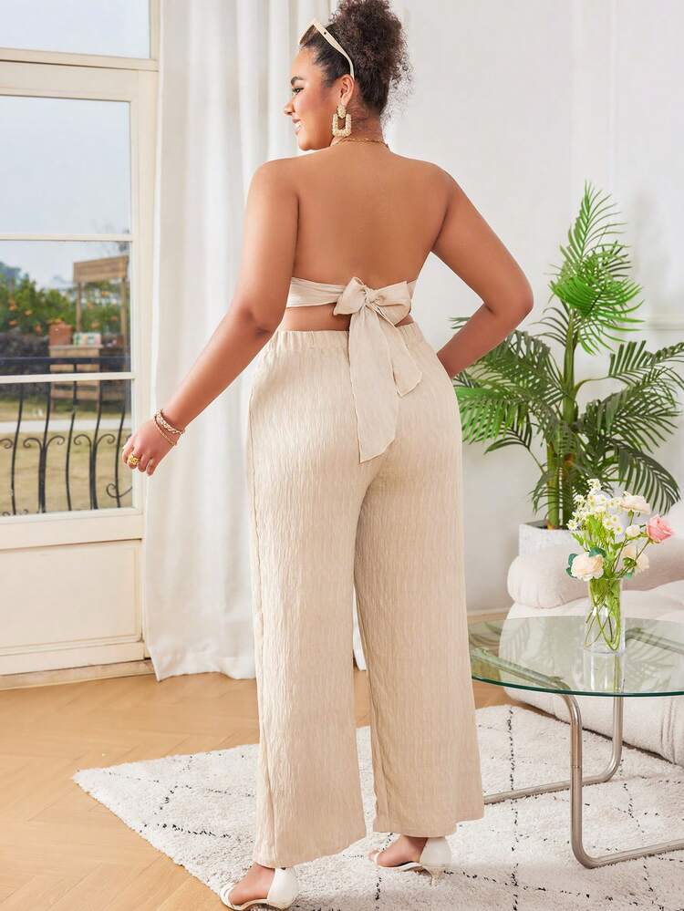 Plus Size Women's Solid Color Asymmetric Hem Bandeau Top And Pants Two-Piece Set