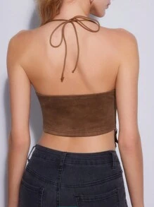 Forever 21 Của phụ nữ Nối Fringe Hem Halter Neck Buộc lại Áo ba lỗ - Màu Khaki - Xem 5