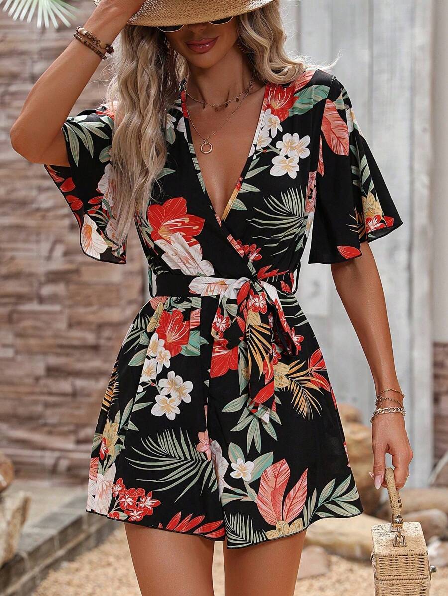SHEIN Holidaya Tropical Print Butterfly Sleeve Belted Romper - Multicolor - View 1