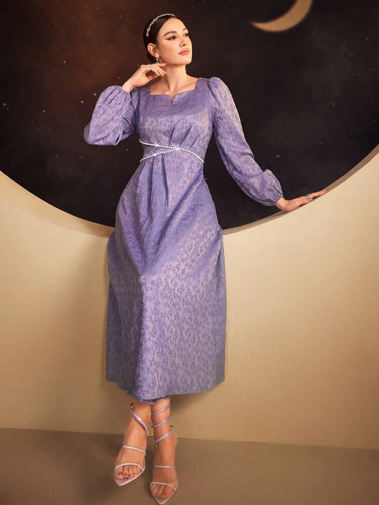 Ladies' Jacquard Nail Bead Decorated Lantern Sleeve Dress,Elegant Evening Party Dress Long Evening Dresses