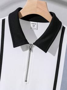 SHEIN Cậu bé Tween Lỏng lẻo phù hợp Giải trí Mẫu sọc Collared Ngắn tay Áo polo - trắng - Xem 5