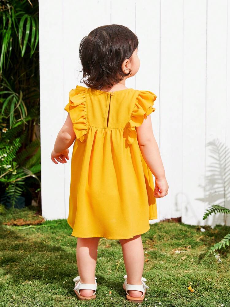 Baby Girl's Summer Holiday Leisure Solid Color Ruffle Edge Short Sleeves Dress