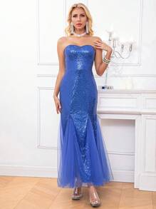 Women's Strapless Glittery Splice Mesh Dress - Royal Blue - View 1