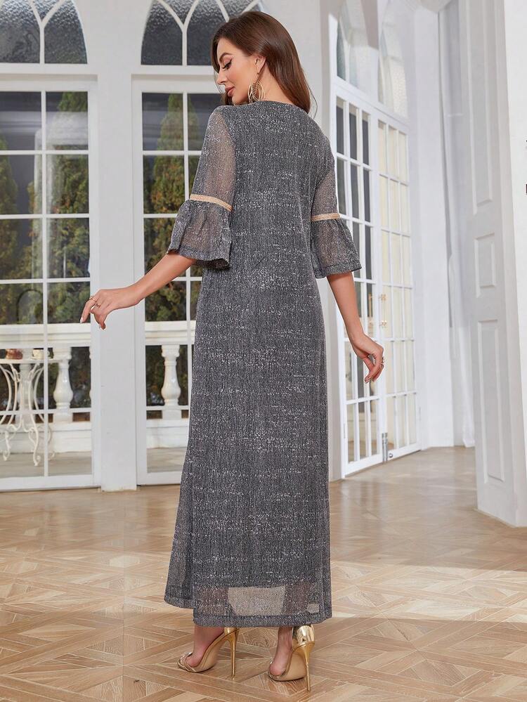 Ladies' Patchwork Woven Belt Flare Sleeve Arabian Dress