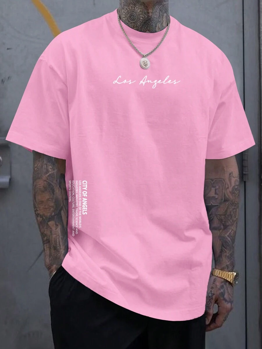 Manfinity Homme Men's Slogan Print Dropped Shoulder Short Sleeve T-Shirt, 2000s Style - Pink - View 1