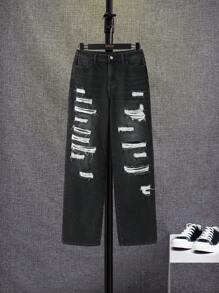 SHEIN 少年男孩時尚休閒割破水洗牛仔褲 - 黑色 - 查看 3