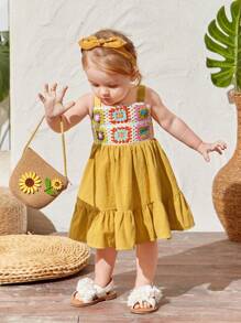SHEIN Baby Girl's Casual Vacation Colorful Crochet Patchwork Ruffle Hem Spaghetti Strap Dress - Yellow - View 5