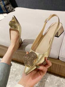 Fall/Winter Fashionable Pointed Toe, Square Buckle, Chunky Heel, Flat Shoes For Women - Gold - View 3
