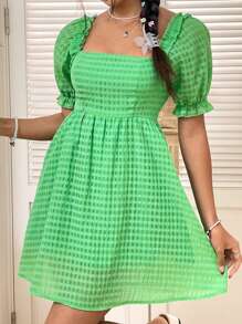 SHEIN Unity Women Dresses Frill Ruffle Shirred Plain Casual - Hijau - View 5