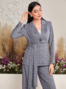 Seusyu Women's Plaid Notched Lapel Long Sleeve Blazer - Blue - View 5