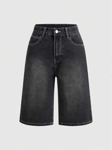 ROMWE Grunge Punk Quần short denim dáng rộng dành cho nữ với họa tiết thêu cổ điển, đầu lâu, cánh, dây leo, trường học - màu đen - Xem 2