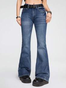 ROMWE Grunge Punk Cat Whisker Washed Flare Leg Jeans, School - Blue - View 6