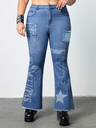 Grunge Punk Flare Jeans Mit Totenkopf, Sternen Und Slogan Druck In Übergröße
