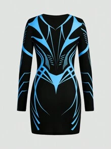 SHEIN ICON Của phụ nữ Y2K In Tay áo dài Thon gọn Quần bó Đầm Mini - màu đen - Xem 2