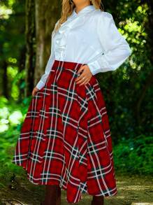 SHEIN Clasi Rok Ukuran Plus Berikat Kantong Tombol Depan tartan - MultiWarna - View 4