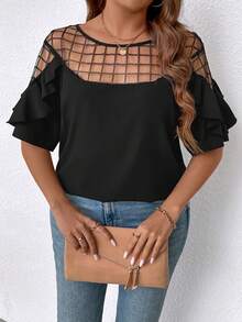 SHEIN Clasi 大码网眼撞色荷叶边衬衫 - 黑色 - 查看 3