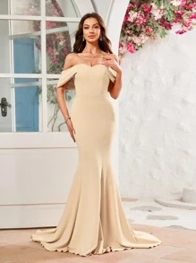 Elegant Off Shoulder Floor Length Mermaid Hem Formal Evening Dress - Apricot - View 1