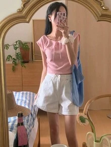 DAZY 女款純色領領帶細節 T 卹 - 粉色 - 查看 6