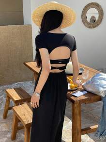 DAZY Women's Solid Color Backless Twist Knot Dress Sundress Maxi Dress - Blue - View 1