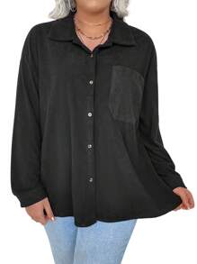 SHEIN LUNE Plus Drop Shoulder Pocket Patched Corduroy Shirt - Black - View 4