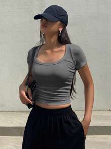 DAZY Áo thun cổ tròn tay ngắn ôm vừa vặn màu trơn, áo crop top nữ thời trang thanh lịch - Màu xám đen - Xem 5