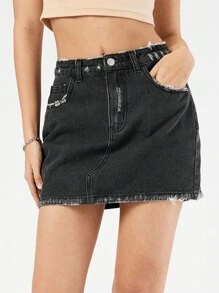 Forever 21 Prosta Spódnica Jeansowa Z Skośny Kieszenie I Frędzle Obszycie