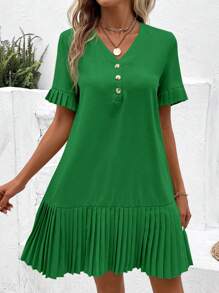 SHEIN LUNE Màu thuần Đầm Với Viền xếp Và Nút Chi tiết - màu xanh lá - Xem 5