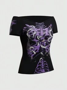 ROMWE Gothic Dark Skeleton & Snake Print Slim Fit Off Shoulder Women's T-Shirt With Mysterious Style - Black - View 2
