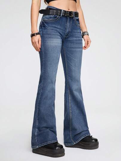 Grunge Punk Cat Whisker Washed Flare Leg Jeans, School