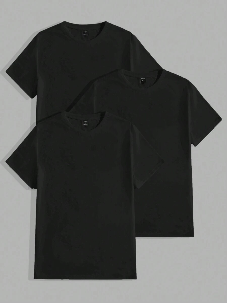 Manfinity BRENVOR 3pcs Pack Men's Knitted Casual Solid Round Neck Short Sleeve T-Shirt - Black - View 1