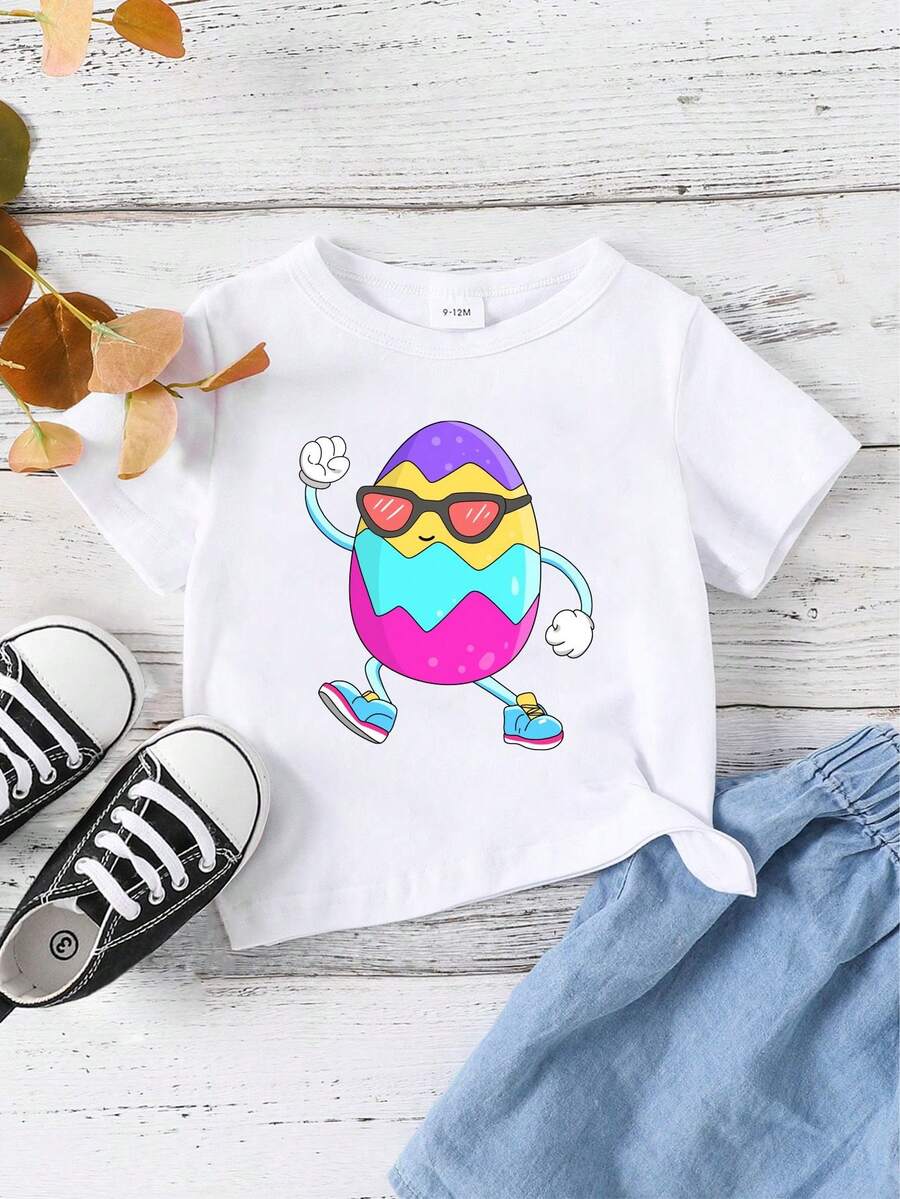 Baby Boys' Cartoon Easter Egg Pattern Short Sleeve Crewneck T-Shirt, Suitable For Summer - White - View 1