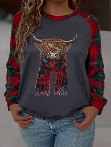 SHEIN LUNE Sudadera De Manga Raglán Con Estampado De Cuadros Y De Animales En Tallas Grandes - Multicolor - Ver 4