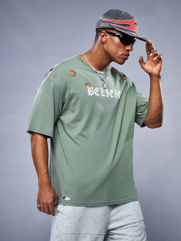 Men's Distressed Detail Knitted Casual Printed T-Shirt