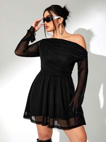 SHEIN ICON Plus Ruched Asymmetrical Shoulder Flare Hem Dress - Dark Grey - View 2