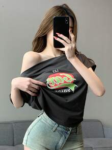 DAZY Asymmetrical Neck Letter Printed Pleated T-Shirt - Grey - View 10